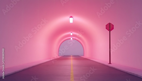 A vibrant pink tunnel with street lamps illuminating a clear road leading to an unknown destination