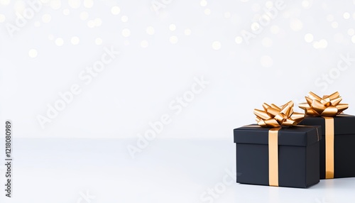 Two elegantly wrapped black gift boxes with golden bows on a light background with bokeh lights