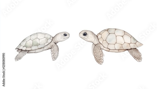 Two illustrated sea turtles swimming gracefully in a serene underwater environment