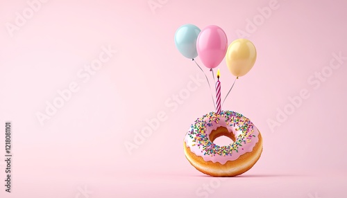 A colorful donut with pink icing and sprinkles, adorned with balloons and a candle, set against a pastel pink background