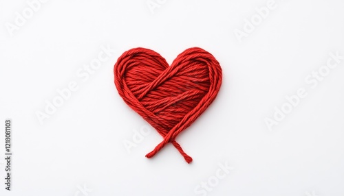 Red yarn arranged in a heart shape on a clean white background, symbolizing love and creativity