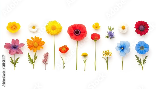 A vibrant arrangement of colorful flowers showcasing various species and sizes against a white backdrop