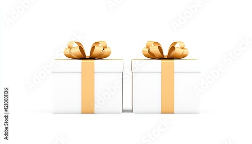 Two elegantly wrapped white gift boxes with golden bows, set against a minimalist background