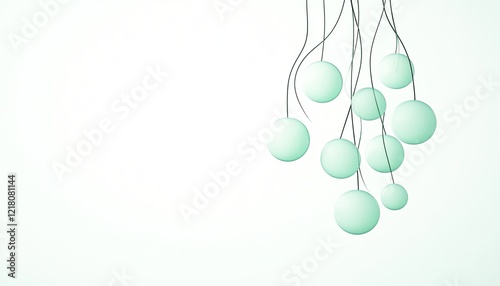 Abstract composition of soft green spheres suspended by thin wires against a light background