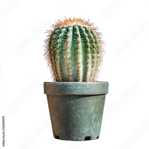 Green Barrel Cactus in a Dark Green Pot, Isolated on White Background