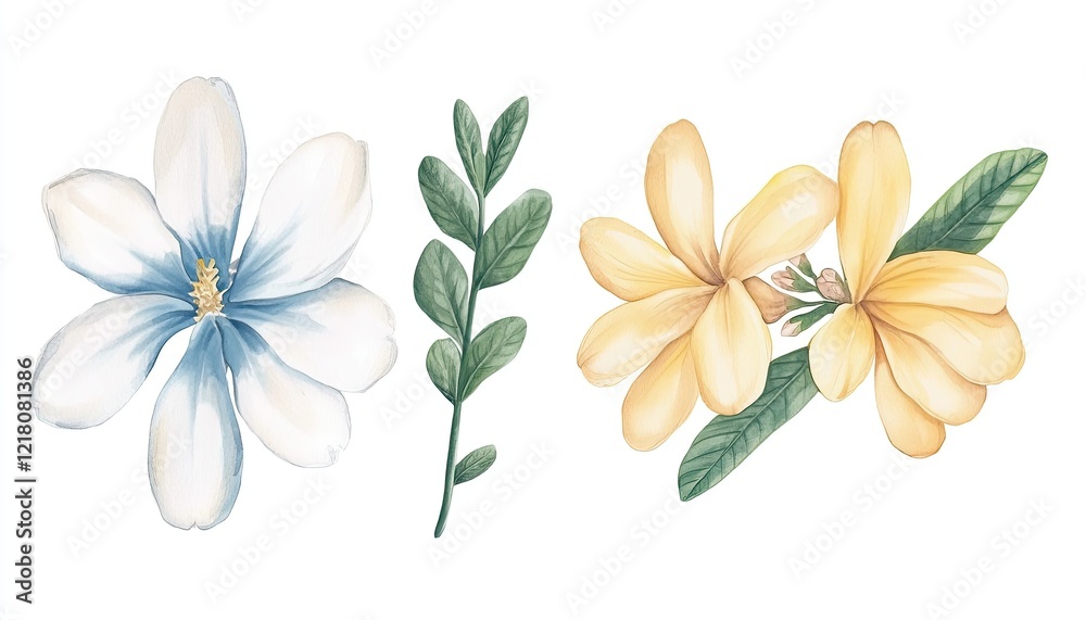 Fototapeta premium Beautiful watercolor illustration of white and yellow flowers with green leaves, ideal for botanical designs