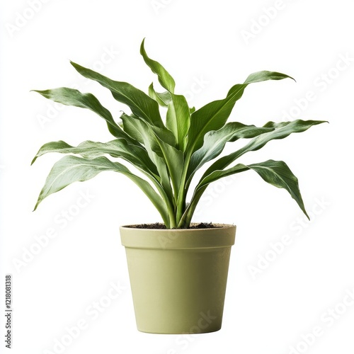 Aspidistra Elatior Houseplant in Olive Green Pot, Isolated on White Background