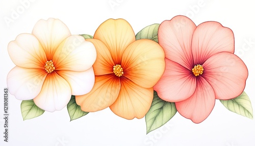 Vibrant floral arrangement featuring three blossoms in white, orange, and pink with green leaves