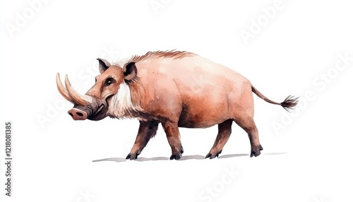 A watercolor illustration of a wild boar walking gracefully across a white background