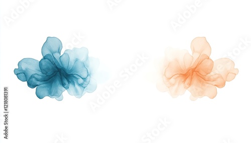 Abstract floral design featuring blue and orange smoke-like shapes on a white background