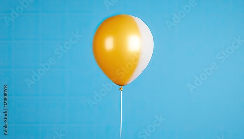 Bright yellow and white balloon floating against a vibrant blue background, evoking a festive mood