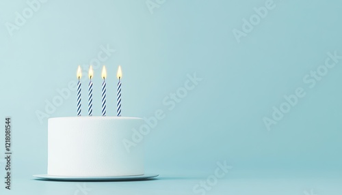 A simple white birthday cake with four lit candles on a light blue background, ideal for celebrations