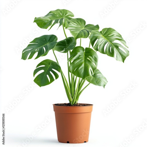 Swiss Cheese Plant in a Brown Pot on White Background