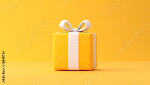 A vibrant yellow gift box with a white ribbon, set against a matching yellow background, ideal for celebrations