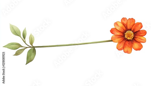 Vibrant orange flower with green leaves on a white background, ideal for botanical illustrations