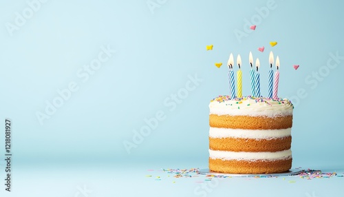 A colorful birthday cake with candles and sprinkles on a light blue background, celebrating joy