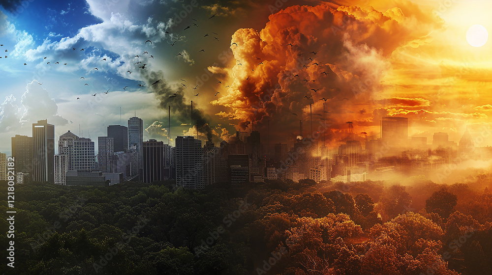 A cityscape with a dark sky and a bright orange sky. The city is divided into two halves A cityscape with a dark sky and a bright orange sky. The city is divided into two halves