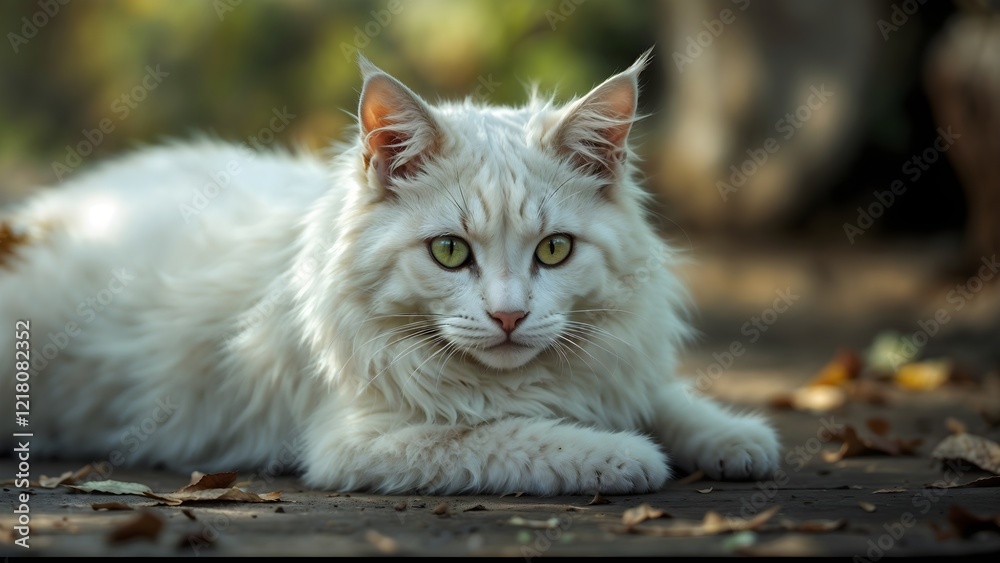 White Maine Coon Cat on Grass, Stray Cat Animal Photography White Maine Coon Cat on Grass, Stray Cat Animal Photography