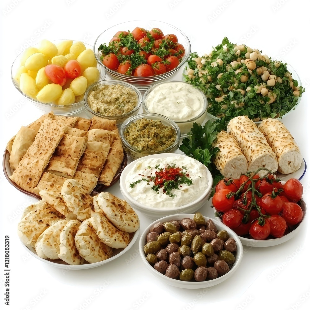 Mediterranean mezze platter, various dips, bread, vegetables. Perfect for restaurant menu Mediterranean mezze platter, various dips, bread, vegetables. Perfect for restaurant menu