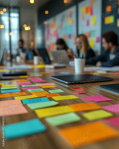 Team brainstorming, sticky notes on table.