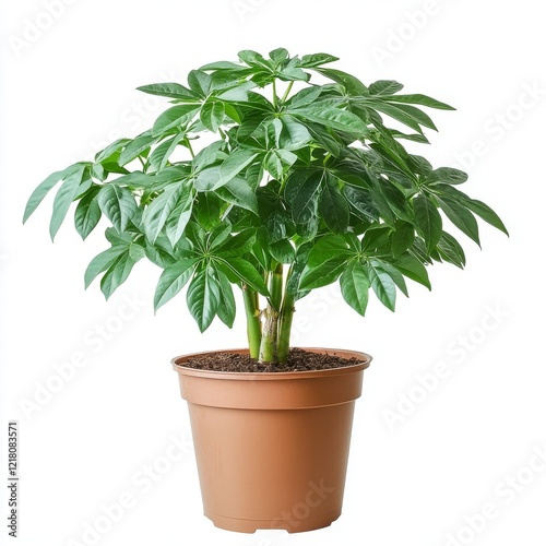 Schefflera Arboricola Plant in Brown Pot, Isolated on White Background