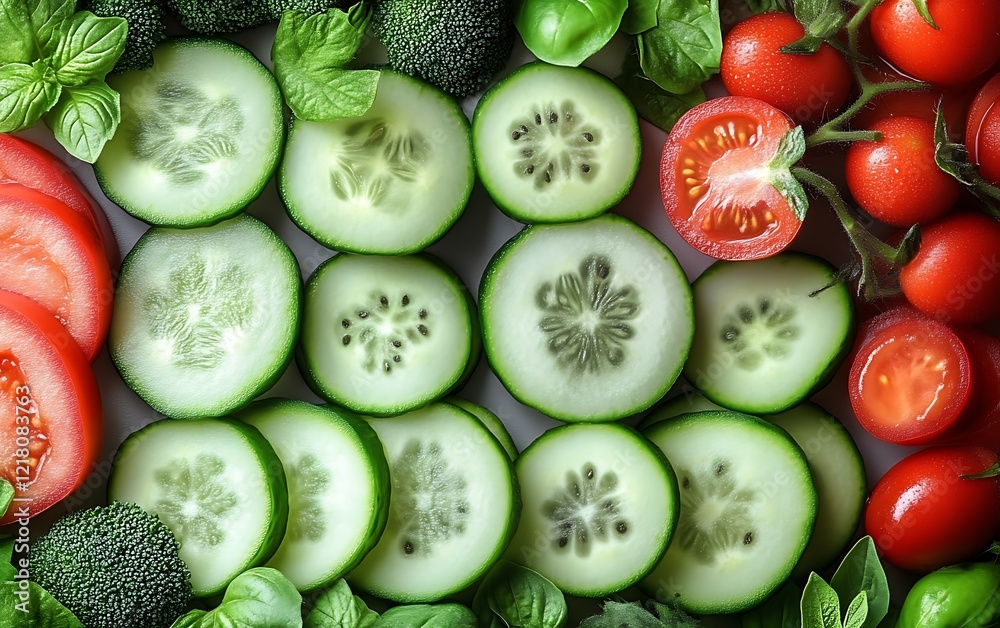 Sliced cucumbers, tomatoes, kiwi, and broccoli. Sliced cucumbers, tomatoes, kiwi, and broccoli.