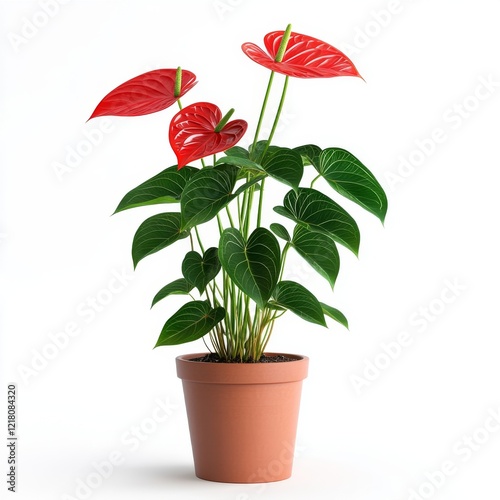 Stunning Anthurium Plant in a Terracotta Pot, Vibrant Red Flowers and Lush Green Leaves, Isolated on White Background