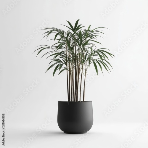 Chamaedorea elegans in a Sleek Black Pot Against a Minimalist White Background