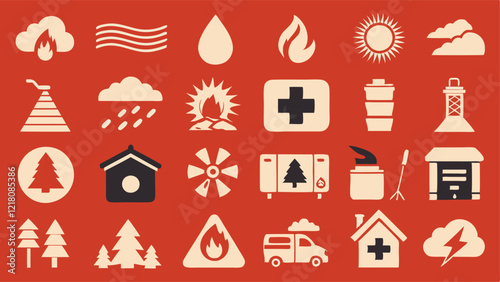 Flat Icons Silhouettes Representing Natural Disasters Like Tornadoes, Tsunamis, and Wildfires