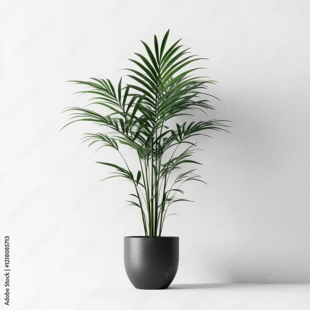 Elegant Kentia Palm in a Sleek Dark Grey Pot Against a White Wall Elegant Kentia Palm in a Sleek Dark Grey Pot Against a White Wall