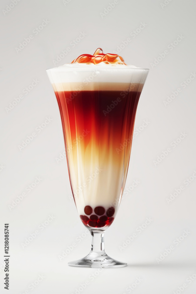 Refreshing Iced Coffee Latte with Whipped Cream, Caramel, and Tapioca Pearls on a White Background Refreshing Iced Coffee Latte with Whipped Cream, Caramel, and Tapioca Pearls on a White Background