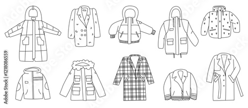 Outerwear for different seasons, collection. Winter down jacket, autumn coat, spring jacket, summer windbreaker. Flat line vector illustration, eps10