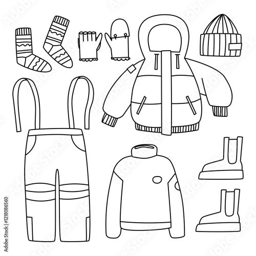 Down jacket, warm pants and boots. A set of clothes for cold winter and autumn. Flat vector line illustration, eps10