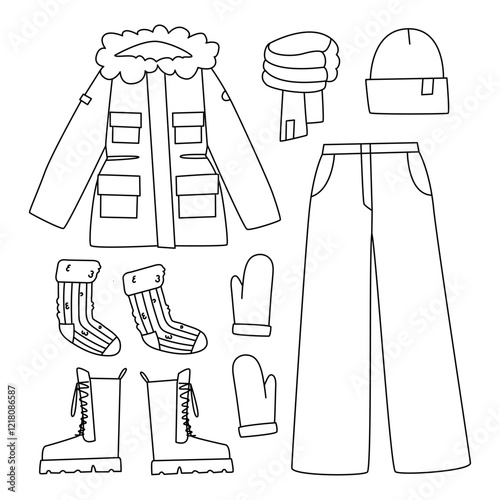 Set of clothes for the cold season. Boots, hat and socks. Warm clothes for walking in winter. Flat line vector illustration, eps10