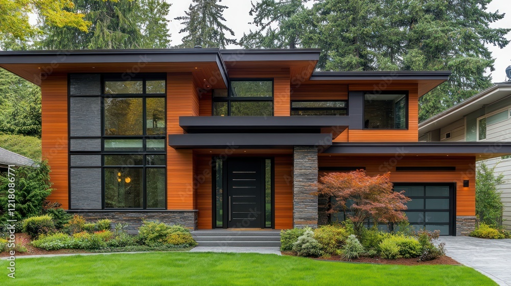 Obraz premium Modern two-story house with wood siding, large windows, and landscaped lawn.