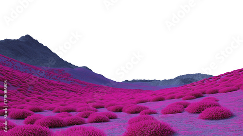 Surreal Alien Landscape with Vibrant Pink Bushes and Dark Blue Hills, Futuristic Extraterrestrial Terrain on a Transparent Background. Cutout. photo