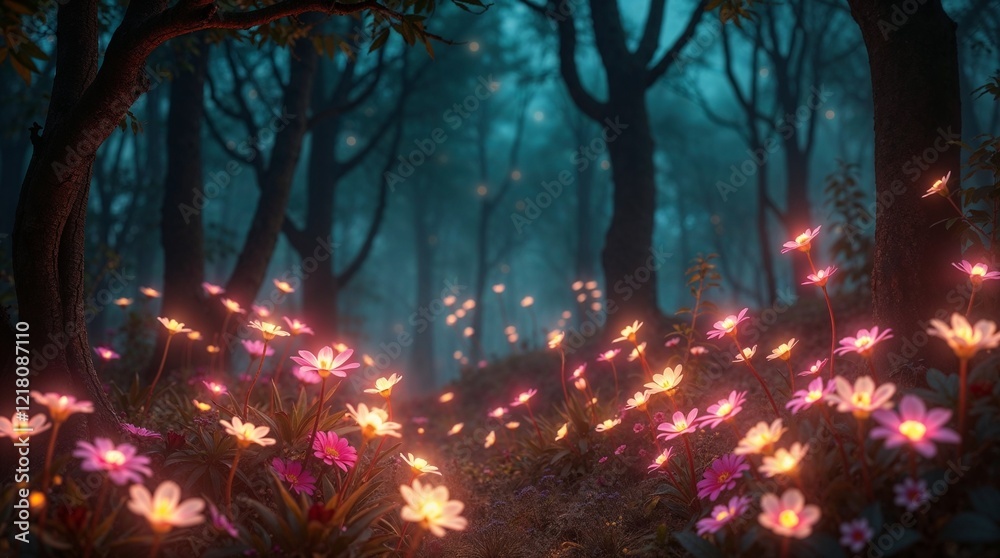 Fototapeta premium 3D render of a glowing bioluminescent fairy garden in a forest with flowers. 