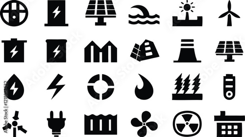 Flat Icons Silhouettes of Renewable Energy Sources like Wind Turbines and Solar Panels
