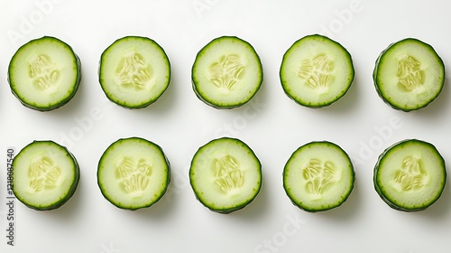 Fresh cucumbers sliced on white background isorate vegetable and fruit presentation minimalist style photo