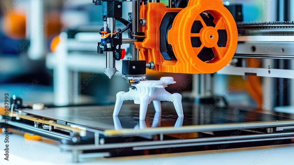 Fototapeta premium 3D printer creating white model, lab background, technology innovation