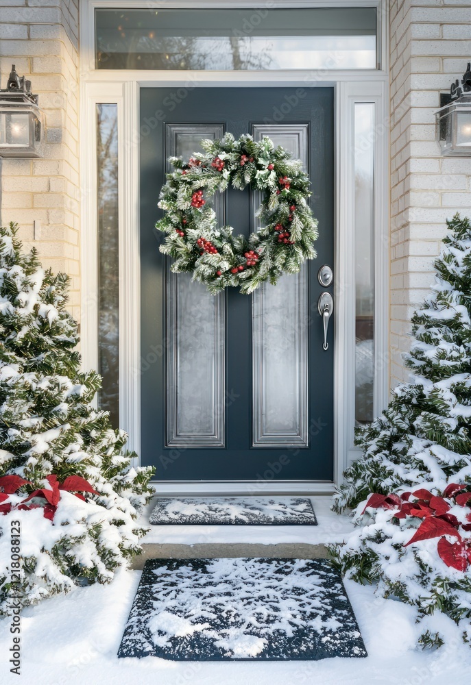Fototapeta premium A front door decorated with a lush Christmas wreath, garland, and a welcome mat covered in snow.