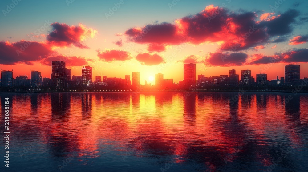 Fototapeta premium Vibrant sunset over city skyline reflected in calm water.