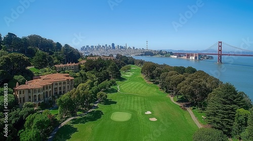 Aerial View of San Francisco Golf Course Cityscape and Bridge