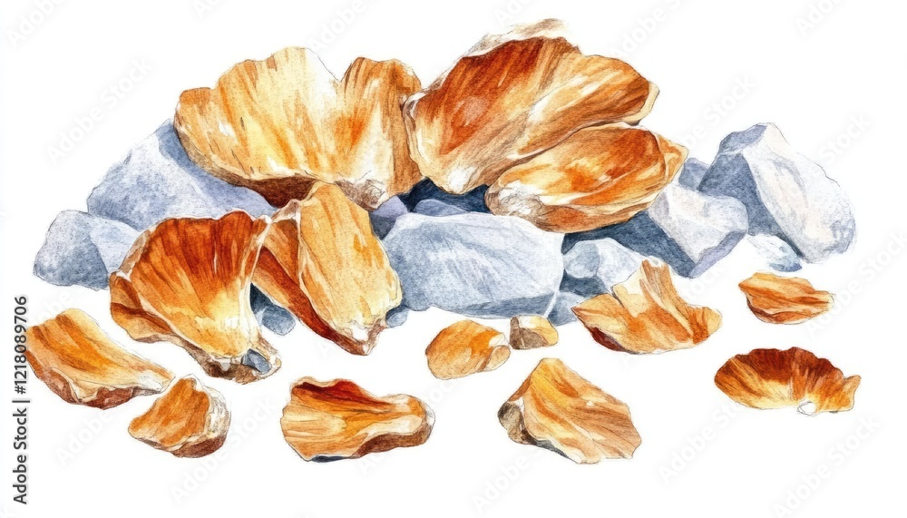 A vibrant watercolor illustration of scattered seashells and stones, showcasing natural textures and colors A vibrant watercolor illustration of scattered seashells and stones, showcasing natural textures and colors