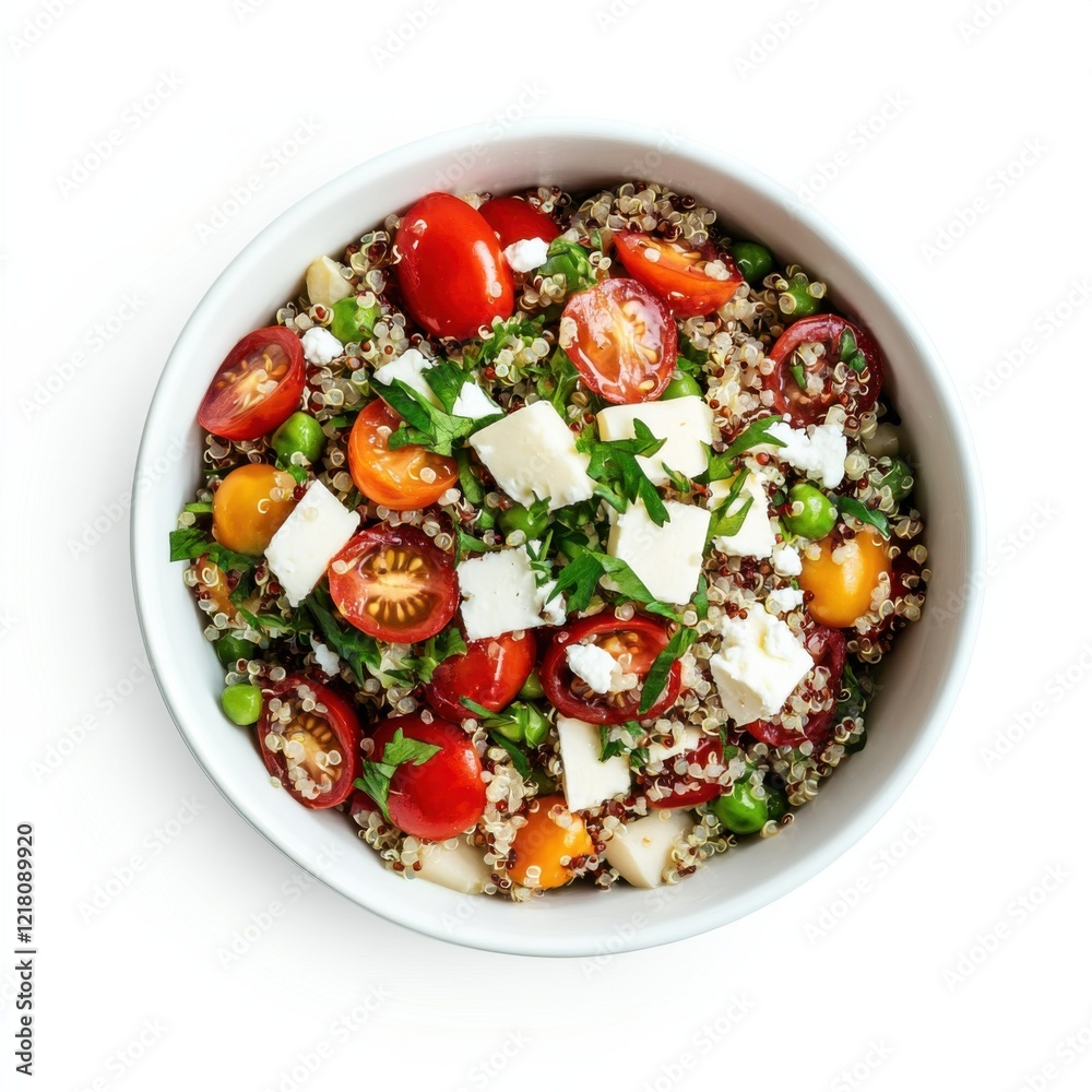 A bowl of quinoa salad with cherry tomatoes and feta cheese, isolated white background, modern art style A bowl of quinoa salad with cherry tomatoes and feta cheese, isolated white background, modern art style