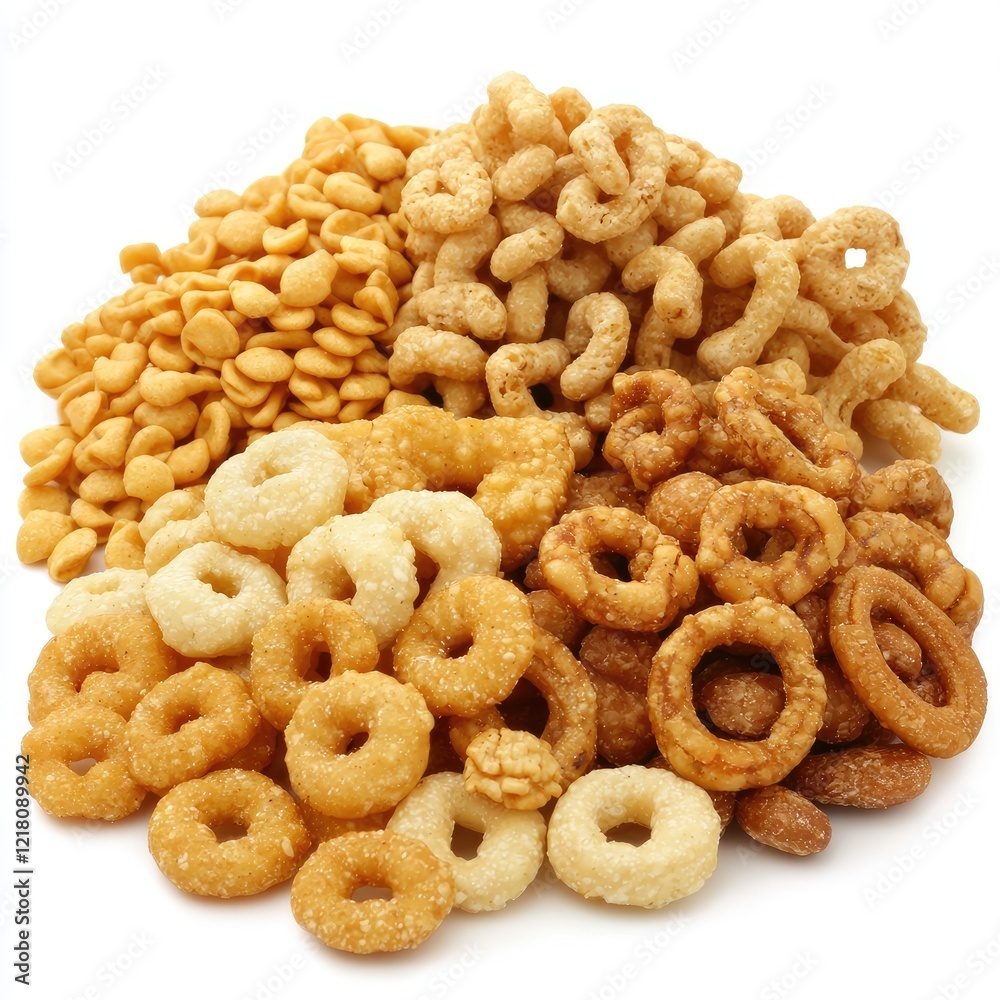 Crunchy breakfast cereal mix, studio shot, white background, food photography, website use Crunchy breakfast cereal mix, studio shot, white background, food photography, website use