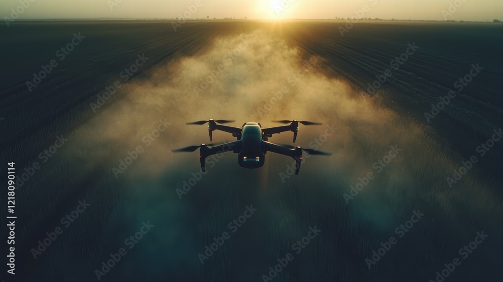 Naklejka premium Aerial View of Drone Flying Over Fields at Sunrise with Dust Cloud