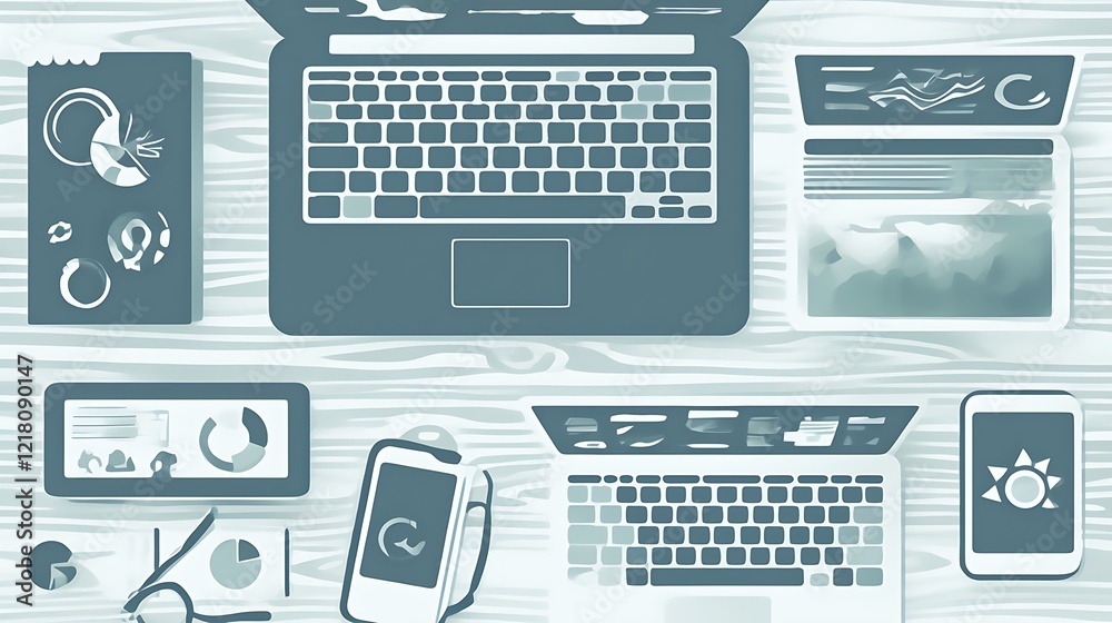 Top view of workspace with laptops, tablets, and phone showing data analysis. Top view of workspace with laptops, tablets, and phone showing data analysis.