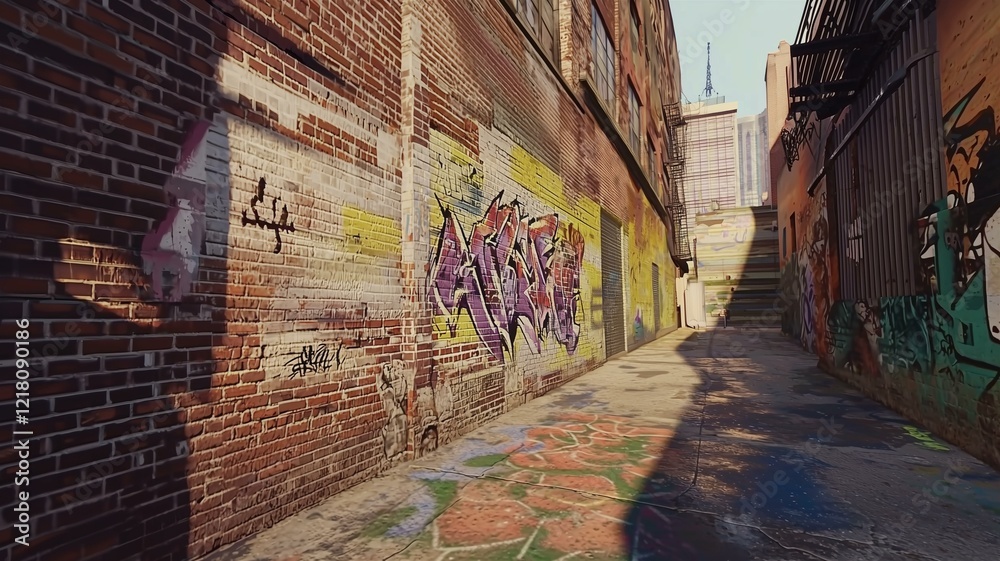 Fototapeta premium Graffiti art on a brick wall in an alley, photorealistic street culture depiction 