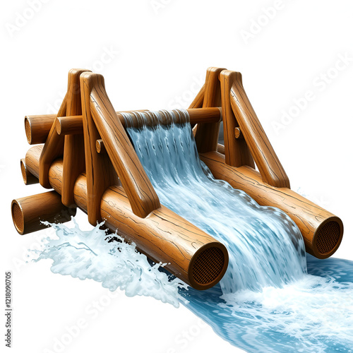 realistic log flume ride with flowing water, isolated on transparency background, showcasing detailed wooden textures and dynamic water movement photo